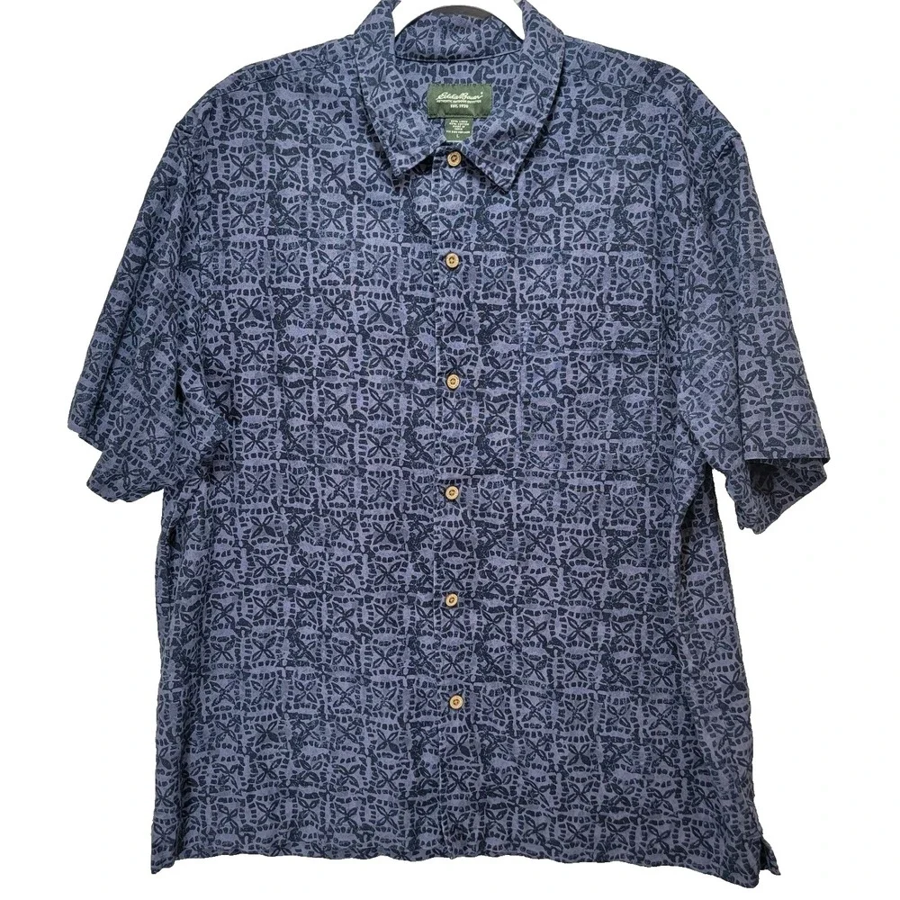 Eddie Bauer Shirt Mens L Hawaiian Vacation Linen Blend Blue Aztec Pocket‎ Office